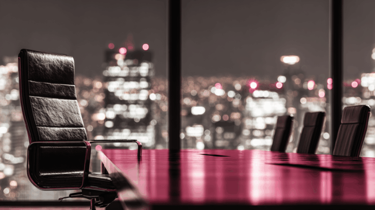 Empty executive chair at the head of a conference table overlooking a city at night, representing the internal committee that decides on vendors before the RFP.