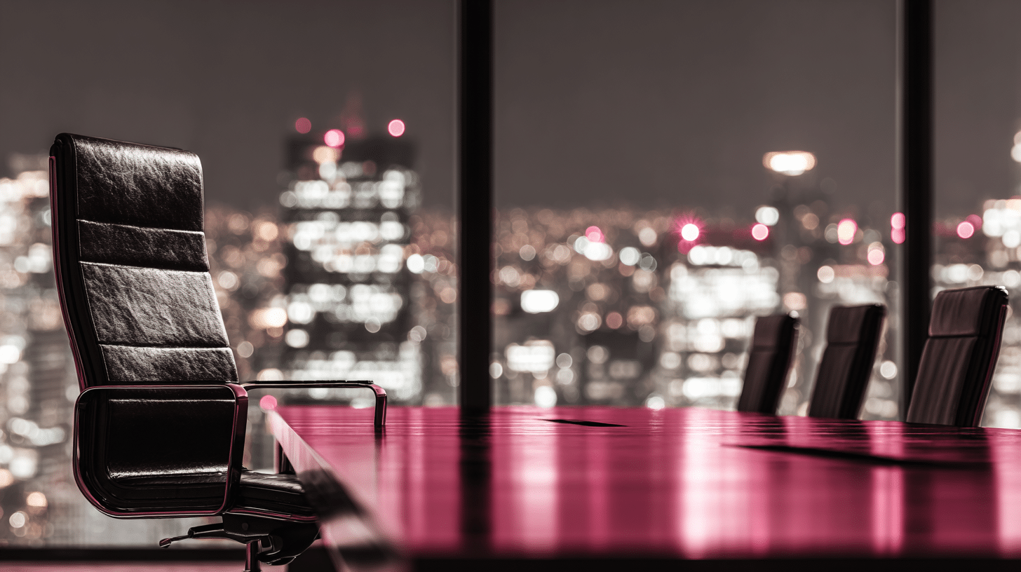 Empty executive chair at the head of a conference table overlooking a city at night, representing the internal committee that decides on vendors before the RFP.